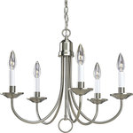 Progress Lighting - 5-Light Chandelier, Brushed Nickel - This simple, classic five-light chandelier is popular in the vintage farmhouse inspired designs. White candle covers complete the look.