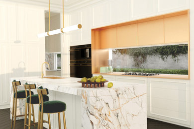Inspiration for a large contemporary l-shaped eat-in kitchen in Central Coast with an undermount sink, recessed-panel cabinets, white cabinets, marble benchtops, multi-coloured splashback, window splashback, black appliances, medium hardwood floors, with island, brown floor and multi-coloured benchtop.