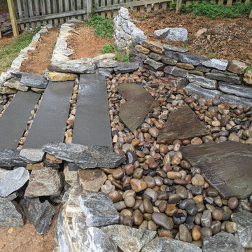 Drystack Terracing Natural Stone, Integrated Bluestone Steps, Dry Stream
