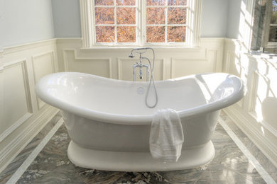Small transitional master multicolored tile and marble tile marble floor claw-foot bathtub photo in New York with multicolored walls