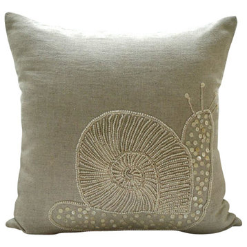 Beige Snail Design 16"x16" Cotton Linen Pillow Covers, Snail Pearls