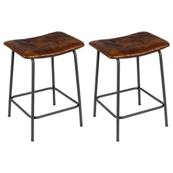 Set of 2 Saddle Tufted Counter Stools, 24 Inch, Darkbrown-Faux Leather