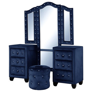 Sophia Crystal Tufted Vanity Set finished with Wood in Blue
