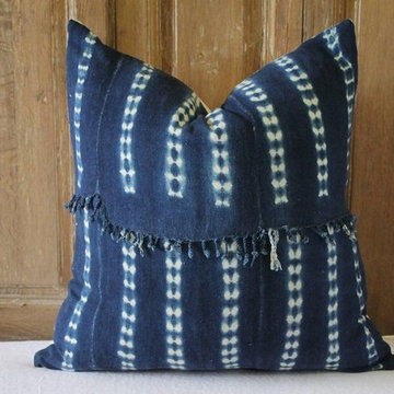 Antique Indigo Blue Batik Accent Pillow with Fringe