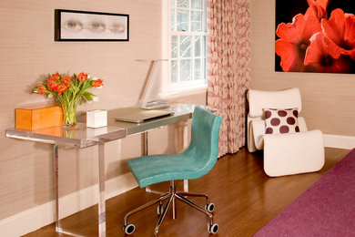 Design ideas for an eclectic bedroom in Boston with dark hardwood floors and brown floor.
