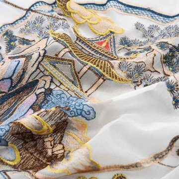 QYHL225K Silver Beach Embroidered Chinese Royal Courtyard Gold Faux Silk Custom