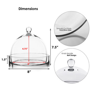 CYS Glass Dome Cloche Bell Jar With Tray, H-7.5", D-8", Set of 4