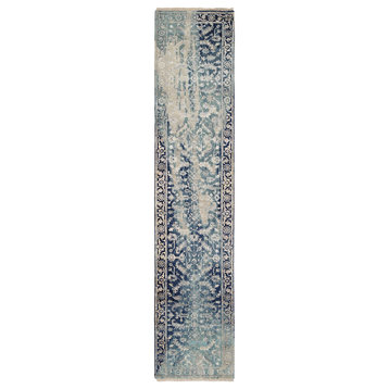 Blue/Teal Heriz Erased Design Wool And Silk Hand Knotted Runner Rug, 2'7"x11'9"