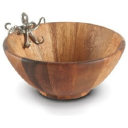 Beach Style Serving And Salad Bowls Small Pewter Octopus & Acacia Wood Salad/Serving Bowl