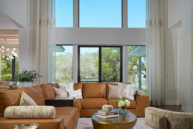 Example of a large minimalist open concept wood ceiling living room design in Tampa