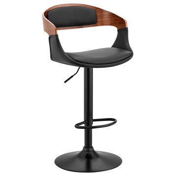 Benson Adjustable Faux Leather and Wood Bar Stool With Metal Base, Black and Wal