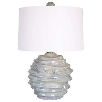 Blue Cream White Ceramic Wave Ball Lamp Drip Glaze 26 in x 18 Fat Round Coastal