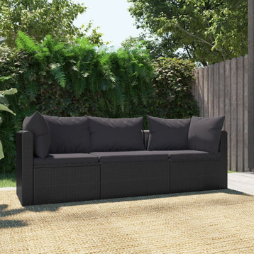 vidaXL Patio Sofa 3 Piece Outdoor Sectional Sofa with Cushions PE Rattan Black