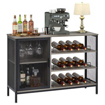 Industrial Bar Cabinet, Mesh Doors & Removable Wine Rack/Glass Holder, Gray