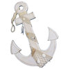 Wooden Rustic Decorative Anchor With Hook Rope and Shells, Whitewashed, 18"