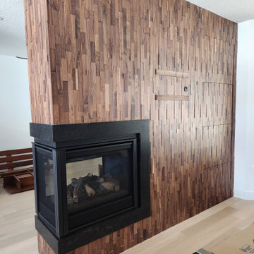 Modern Fireplace Feature Wall with Walnut 3D Wood Panels