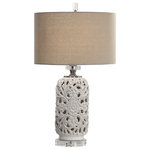 Uttermost - Uttermost Dahlina Ceramic Table Lamp - Updated styling to a traditional design, featuring pierced ceramic with decorative embossing, paired with thick crystal details and plated brushed gun metal accents.