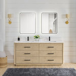 Vinnova Inc - Porto Bath Vanity with White Quartz Stone Top, Natural Oak, 72 in., No Mirror - Transform your bathroom into a haven of style and sophistication with our Porto Series Freestanding Bathroom Vanity a piece that embodies fine craftsmanship and everyday practicality. This exquisite vanity combines the textured warmth and elegance of solid oak with pristine white quartz, resulting in a look that's both inviting and visually captivating. Deep dovetail drawers with partitions allow you to keep your essentials concealed and organized.