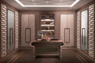 Inspiration for a mid-sized contemporary gender-neutral light wood floor, brown floor and wood ceiling walk-in closet remodel in New York with beaded inset cabinets and beige cabinets