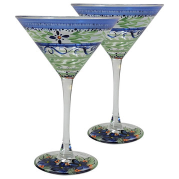 Blue Floral Martini Glasses, Set of 2