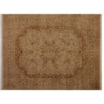 Bareens Designer Rugs - Kashan Pak Persian Queenie Tan/Brown Wool Rug - 8'1'' x 10'3'' - Designed with mesmerizing intricacy and gorgeous color palette, this hand-knotted masterpiece demonstrates the beauty and electrifying thrill of Pak Persian art. These meticulously hand-knotted Pak-Persian rug is made with pure wool and features breathtaking traditional, transitional, and tribal designs in bold luxurious color pallets. Known for their intricate designs these rugs are a reproduction of Persian rugs, made in Pakistan with unique Mughal designs. Made by master weavers using the same Persian texture, design and dying technique, we wanted to produce the most significant manifestation of Persian art, life, and culture. This rug is most famous for its exceptional quality, incredible designs, patterns, and vibrant rich color. Pak-Persian rugs made with Persian weave with high knot counts, which enables the high intricacy and detail found in the patterns are also referred to as "State of art", each color adds a rich beautiful detail in the artwork of this rug. The design, color, and beautiful chromatic composition with a vibrant sheen with intricate designs, exude beauty, elegance, and quality make this rug a masterpiece of its own.