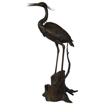 Great blue heron perched bronze statue Fountain -  Size: 22"L x 21"W x 49"H.