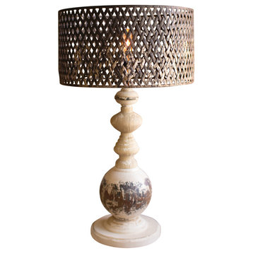 Table Lamp, Round Metal Base With Perforated Metal Shade