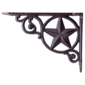 Decorative Shelf Bracket, Rustic Star, Rust Brown Cast Iron, 8.75"