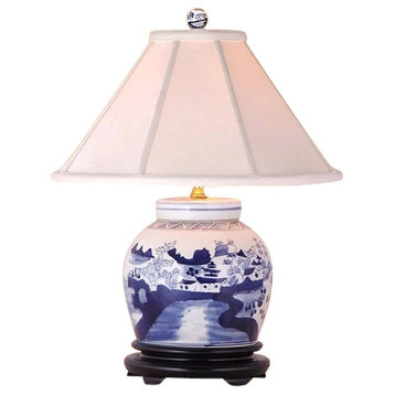 Blue and White Land Scape Porcelain Round Flat Top Jar Table Lamp 20"