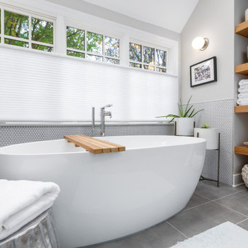 Master Bathroom with Bamboo Cabinet and Penny Tiles