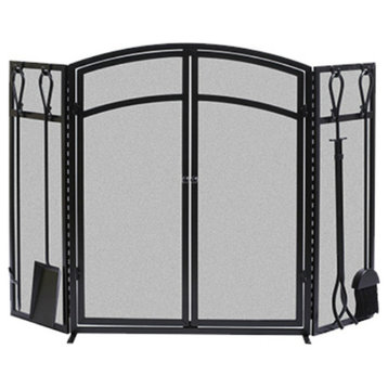 Panacea™ 15138 Arch Fireplace Screen with Doors & Tools, 3-Panel, Black