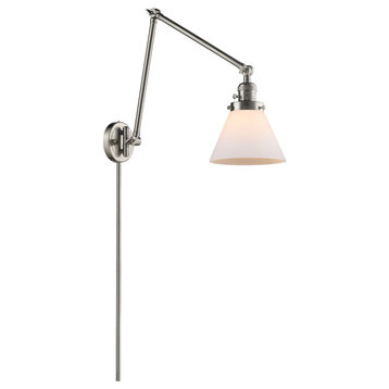 Large Cone 1-Light LED Swing Arm Light, Brushed Satin Nickel, Glass: White Cased