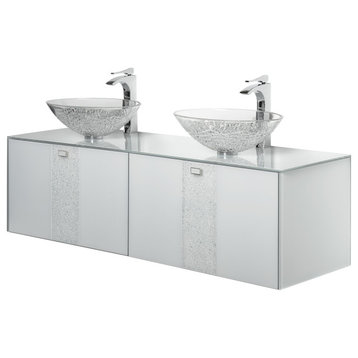 Luxury Crystal Double Vanity 63", White, Double Sink, Wall-mounted