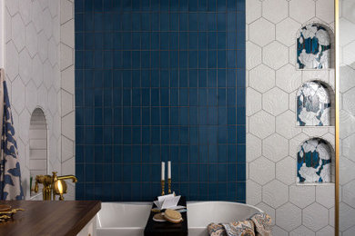Freestanding bathtub - mid-sized eclectic master multicolored tile and ceramic tile ceramic tile and blue floor freestanding bathtub idea in Portland with multicolored walls