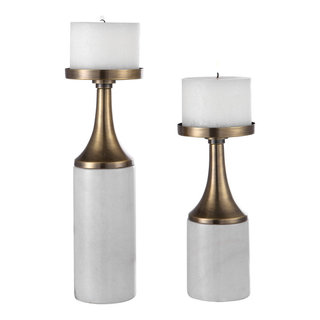 Minimalist Gold Brass White Marble Candle Holders 2-Piece Set -  Transitional - Candleholders - by My Swanky Home