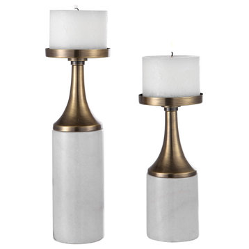 Minimalist Gold Brass White Marble Candle Holders 2-Piece Set