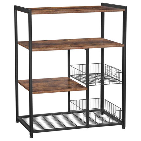 2 Mesh Basket And 6 Hooks Wood And Metal Frame Bakers Rack, Brown And Black