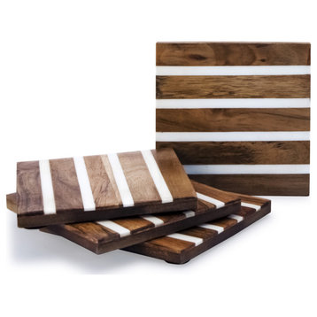 Striped 4 pieces White Wood Coaster set in Box