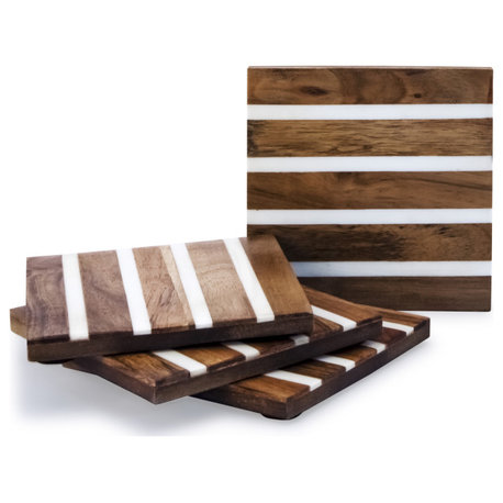 Striped 4 pieces White Wood Coaster set in Box