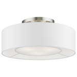 Livex Lighting - Gilmore 3 Light Brushed Nickel With Shiny White Accents Semi-Flush - Add style to any room with this elegant Gilmore semi flush mount. The design features a beautiful hand crafted off-white fabric hardback drum shade in a stylish brushed nickel finish.