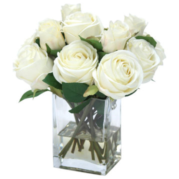 Waterlook® Cream White Roses in Tall Glass Square