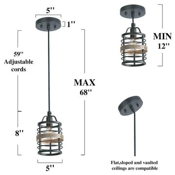 LNC 1-Light Farmhouse Matte Gray Cylinder Single Mini Pendant Lighting