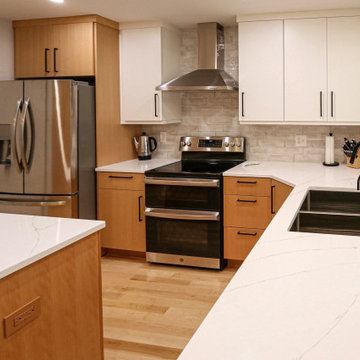 Two Tone Contemporary Euro Beech Wood and White Cabinetry Kitchen