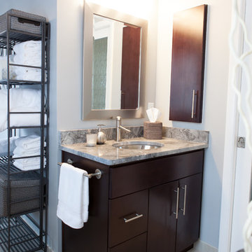 Master bath with enlarged shower and espresso bamboo vanity