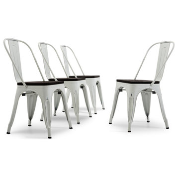 Wood Seat Metal Dining Chairs, Set of 4, Antique White