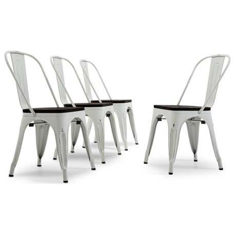 Wood Seat Metal Dining Chairs, Set of 4, Antique White