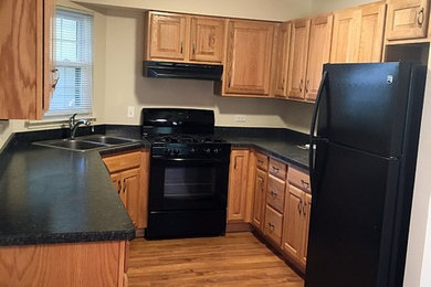 Eat-in kitchen - mid-sized u-shaped laminate floor and brown floor eat-in kitchen idea in Chicago with a drop-in sink, raised-panel cabinets, light wood cabinets, laminate countertops and black appliances
