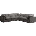 Meridian Furniture - Plush Velvet / Down Standard Comfort L-Shaped Modular Sectional, Gray, 5-Piece: 2 Armless Chair, 3 Corner Chair - No matter how big or little the size of your gang, they can all find their sweet spot when you choose pieces from the Plush collection to build your ideal seating group. Choose this five-piece set or pair multiple pieces together to get the custom look everyone will love. The soft grey velvet material is soft and welcoming to the touch, and the set's cushions are overstuffed with a down and feather blend to provide ample support for tired bodies.