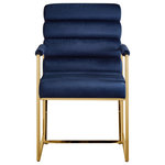 INSPIRED HOME - Inspired Home Maddyn Dining Chair, Velvet Navy/Gold - "Blend a generous dose of luxury and style into your home with these modern dining chairs with padded arms in a set of 2, tailored to inspire. Our trendy chairs are available in chrome or gold frames and in velvet or PU leather upholstery. These impressive pieces are sure to add elegance and sophistication to your dining room, kitchen, office, powder room, or makeup room. A perfect stand-alone piece or a lovely addition to any room. Modernize your home seating decor with rich channel tufted upholstery and a sleek stainless-steel frame for that glam style.