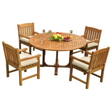 5-Piece Outdoor Patio Teak Dining Set, 60" Round Table, 4 Devon Arm Chairs